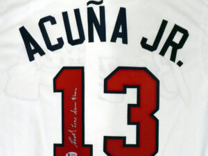 ロナルド・アクーニャJr Full Name 直筆サイン入り　Ronald Jose Acuna Blanco　majestic Cool Base White Jersey  L Beckett鑑定ホログラム付き