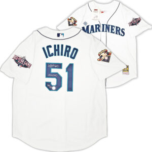 イチロー直筆サイン#51背番号&01 ROY/MVP書き込み入り SEATTLE MARINERS 2001 ALL STAR PATCH  MITCHELL&NESS JERSEY 48 　イチロー証明書＆イチローホログラム付き