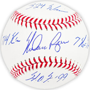 ノーラン・ライアンNolan Ryan直筆サイン 4stats . 7 No Hitter/HOF99/ 5714 Ks/ 324 Wins/ 書き込み入りMLBボール　 Ryan Hologram&Beckett鑑定ホログラム付き