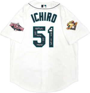 イチロー＃51直筆サイン＆HOF25 6 STATS書き込み入り2001マリナーズオールスターパッチMichell&Nessユニホーム - 画像 (2)
