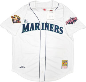 イチロー＃51直筆サイン＆HOF25 6 STATS書き込み入り2001マリナーズオールスターパッチMichell&Nessユニホーム - 画像 (3)