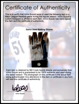 イチロー＃51　ICHIRO SUZUKI SEATTLE MARINERS 実使用MIZUNOバッティンググローブ　イチロー直筆サイン証明証付き - 画像 (4)